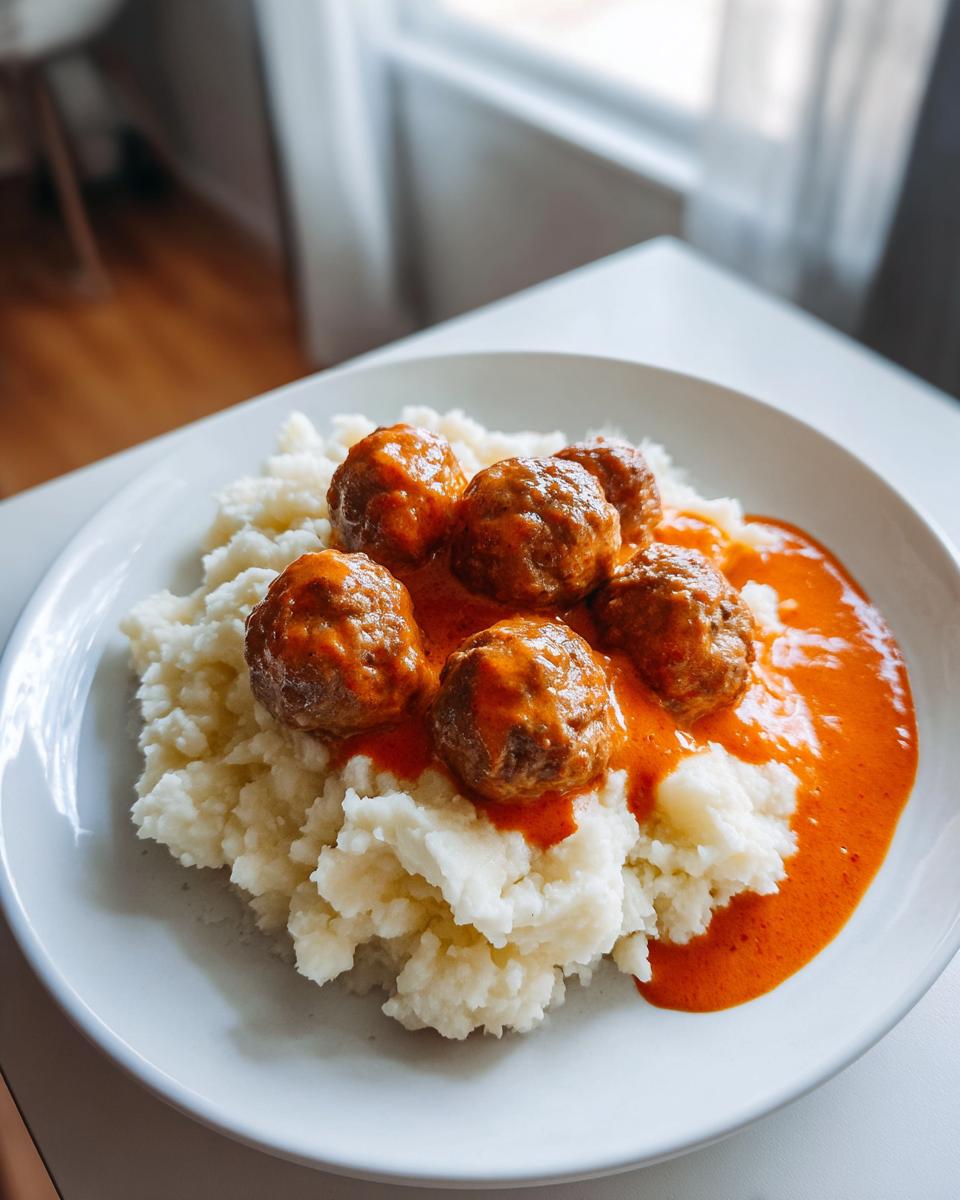 Teller mit cremigem Kartoffelpüree und fünf Hackbällchen in leuchtend oranger Tomatenrahmsoße.