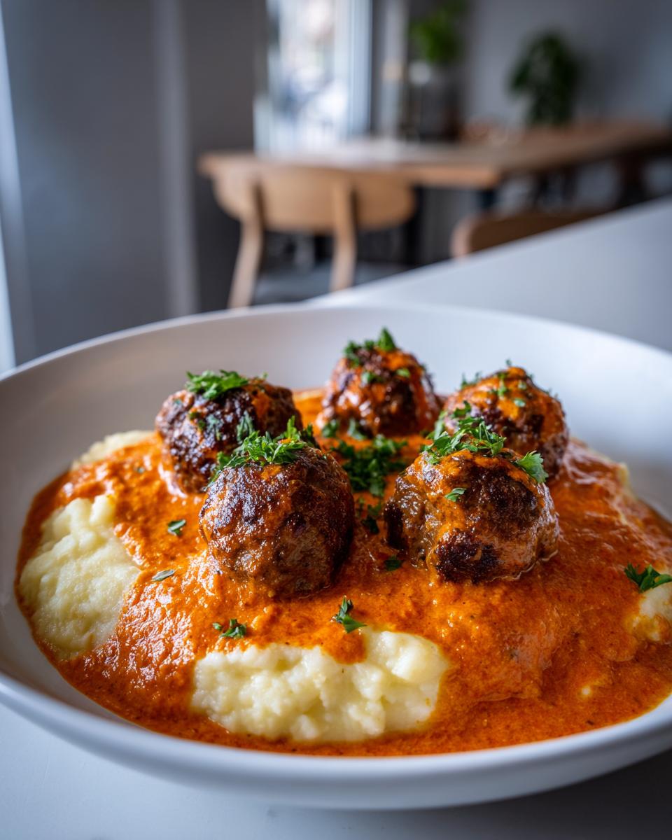 Nahaufnahme von saftigen Hackbällchen in cremiger Tomatenrahmsoße auf fluffigem Kartoffelpüree.