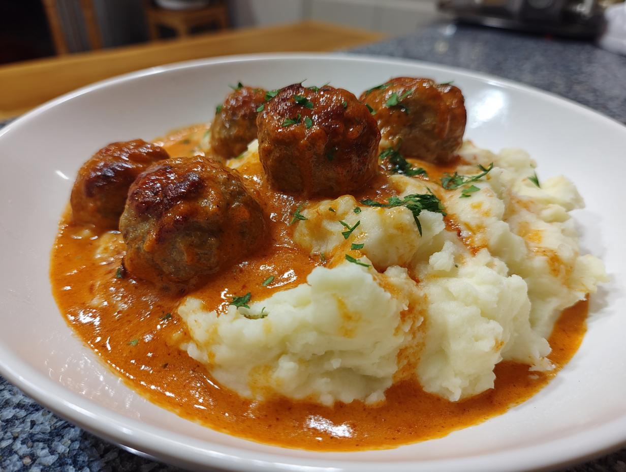 Teller mit cremigem Kartoffelpüree, belegt mit saftigen Hackbällchen in Tomatenrahm und Petersilie.