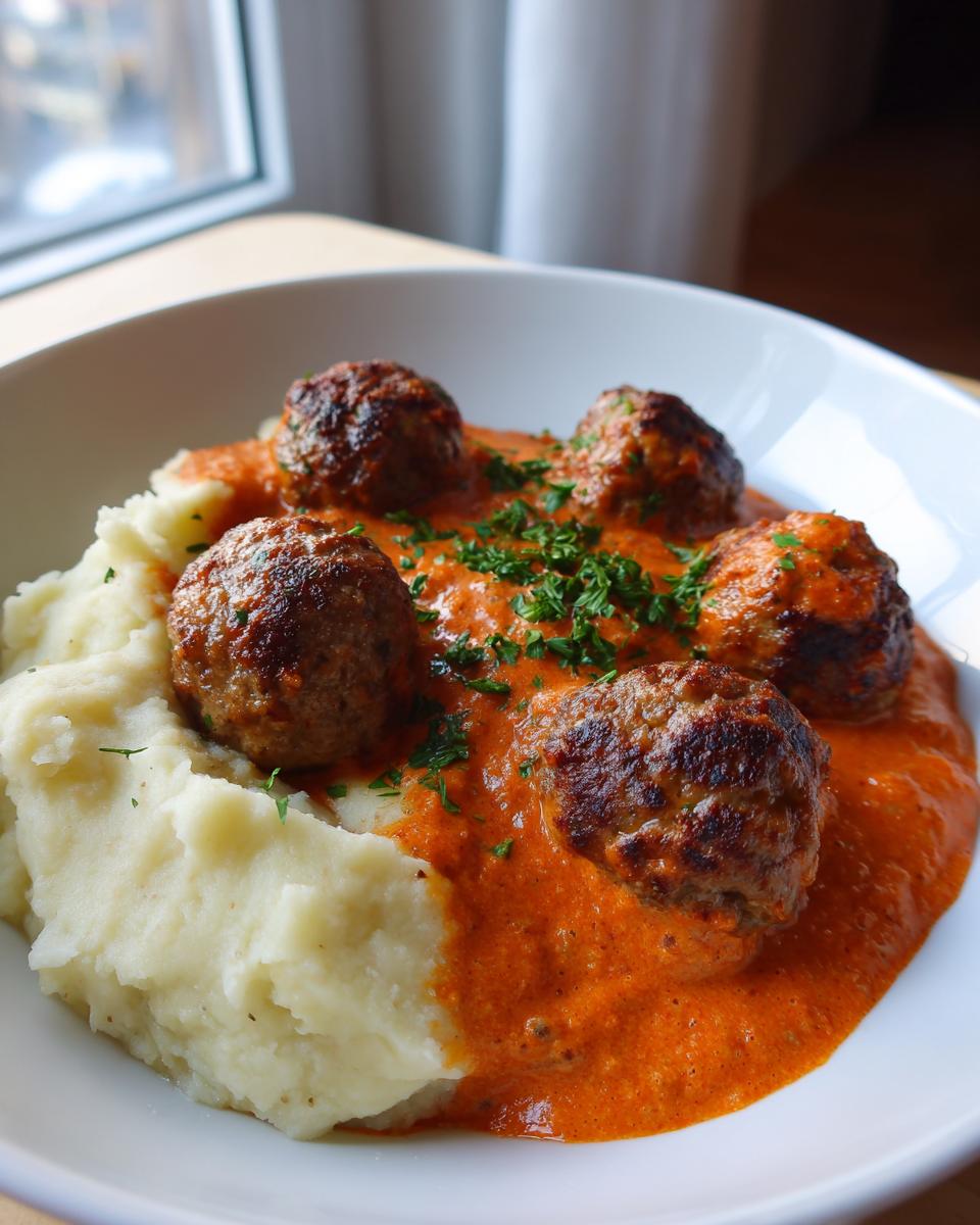 Teller mit cremigem Kartoffelpüree, Hackbällchen und leuchtend oranger Tomatenrahmsoße.