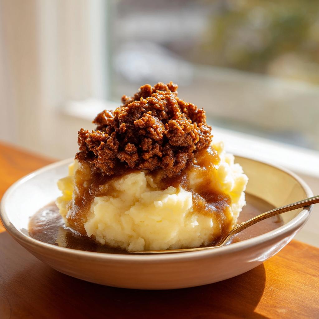 Ein Teller Kartoffelpüree mit cremigem Hackfleisch und viel dunkler Bratensauce.