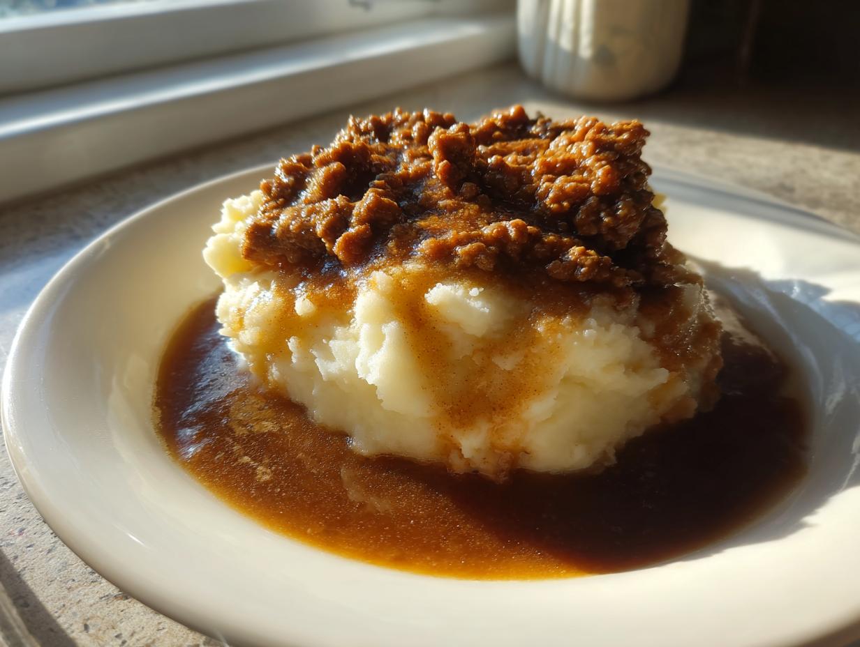 Ein Teller mit fluffigem Kartoffelpüree, bedeckt mit Hackfleisch und reichlich dunkler Bratensauce.