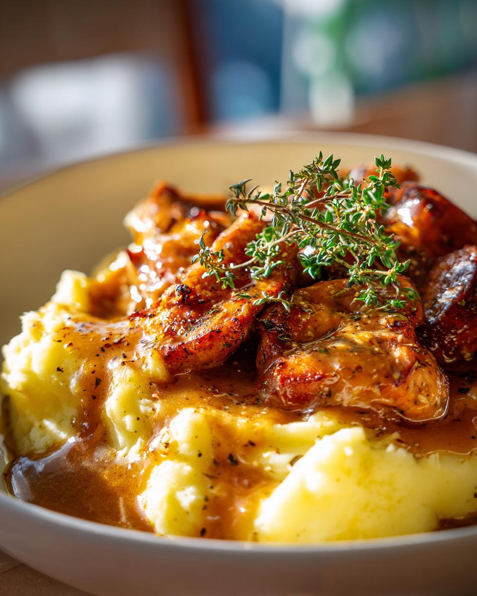 Nahaufnahme von cremigem Kartoffelpüree mit saftigem Gyros und Metaxasauce, garniert mit frischem Thymian.