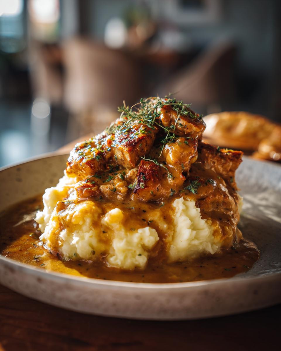 Ein Teller mit cremigem Kartoffelpüree, belegt mit saftigen Gyrosstücken und reichlich Metaxasauce, garniert mit frischen Kräutern.