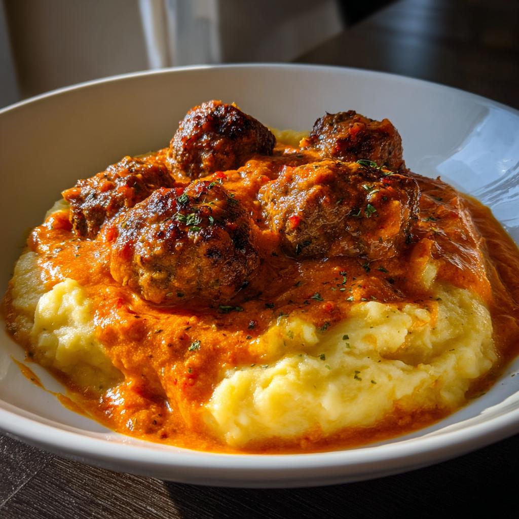 Eine Portion Kartoffelpüree mit Hackbällchen in reichhaltiger Paprikarahmsoße, bestreut mit Kräutern.