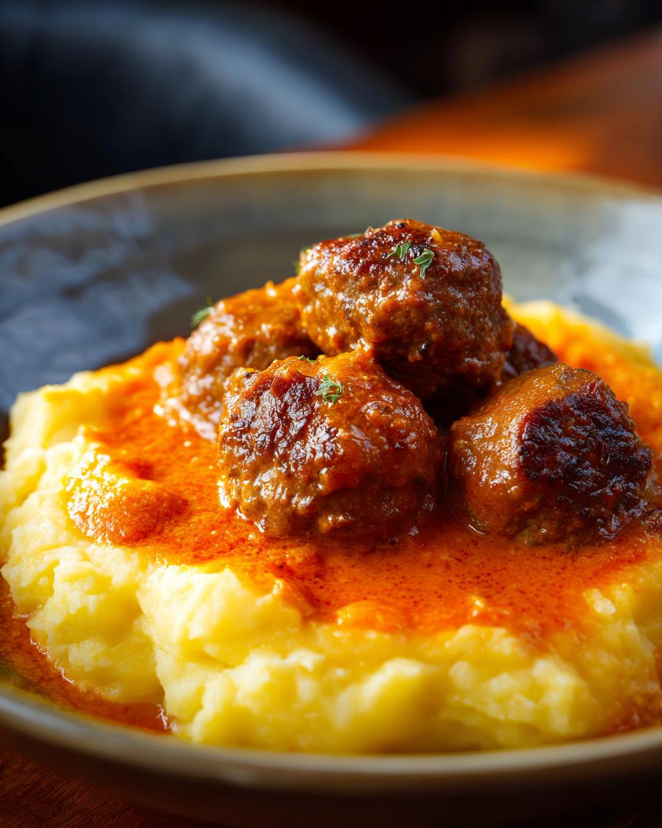 Drei saftige Hackbällchen in leuchtend oranger Paprikasoße auf cremigem Kartoffelpüree.