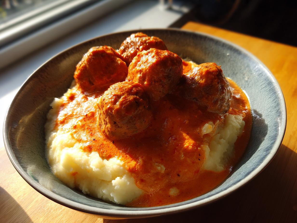 Eine Schale mit cremigem Kartoffelpüree, belegt mit Hackbällchen in leuchtend orangefarbener Paprikarahm-Soße.