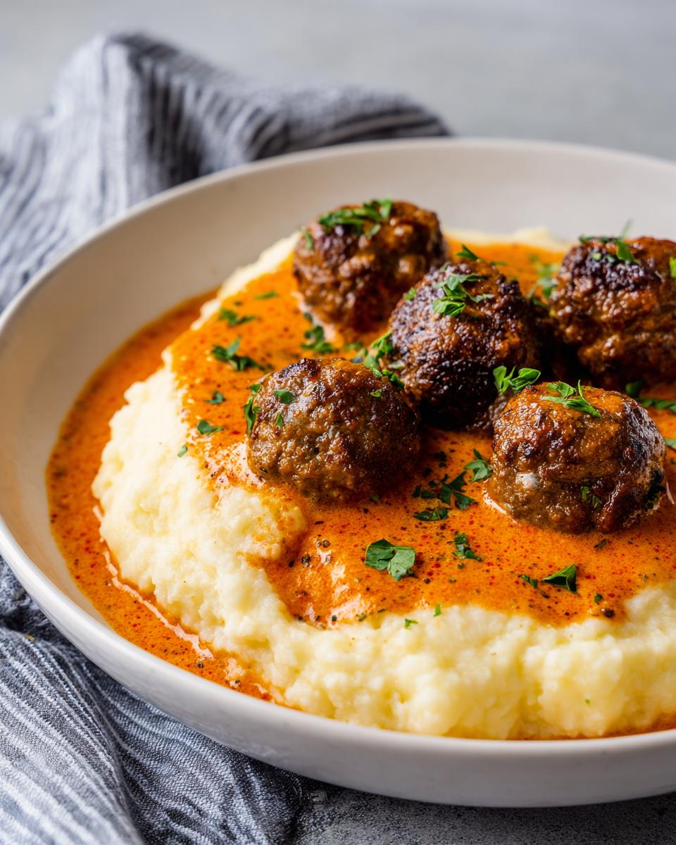 Eine Schale mit cremigem Kartoffelpüree, belegt mit saftigen Hackbällchen und Tomatenrahmsoße.