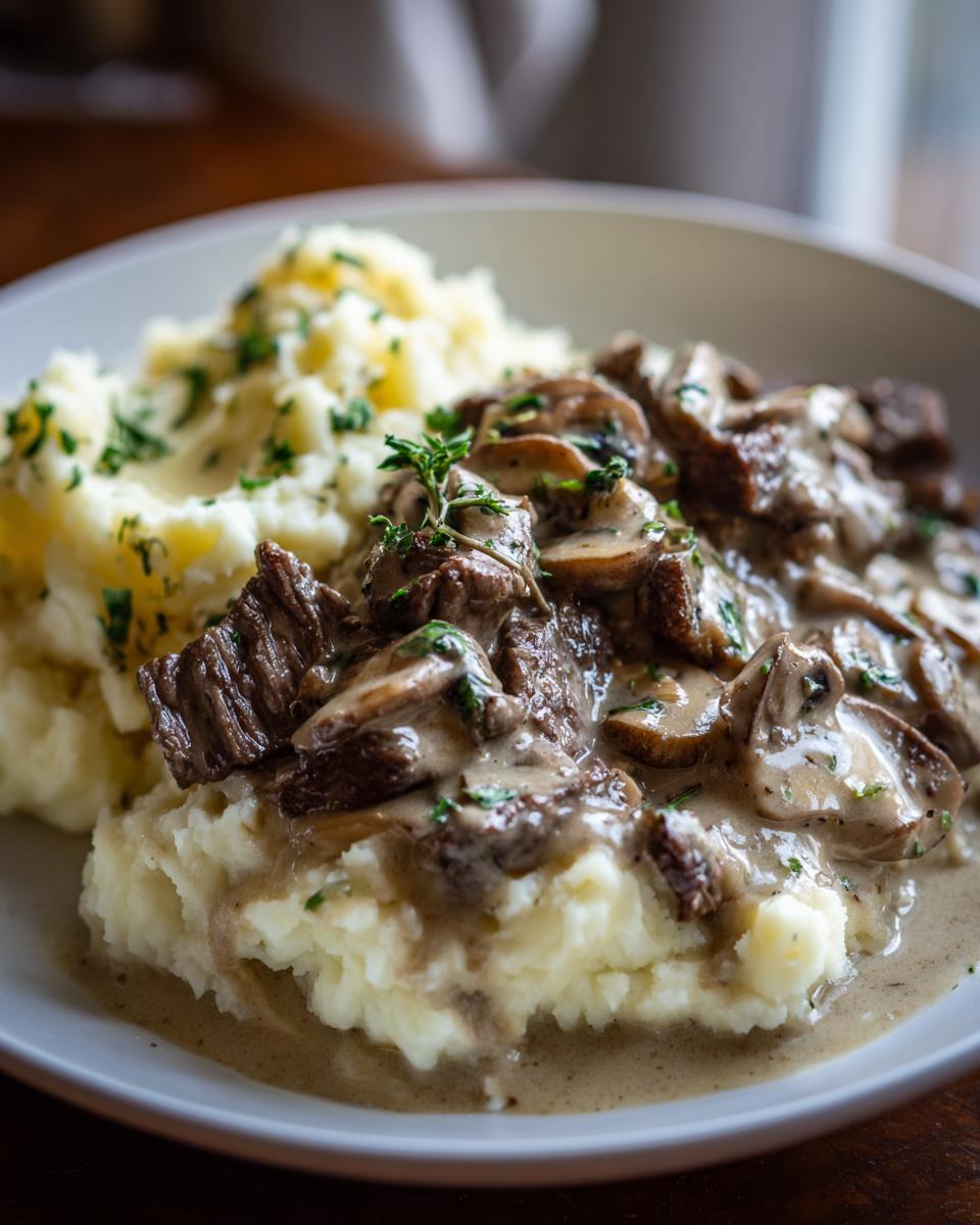 Ein Teller mit cremigem Kartoffelpüree, bedeckt mit saftigen Rinderstreifen und Pilzen in Champignonrahm.