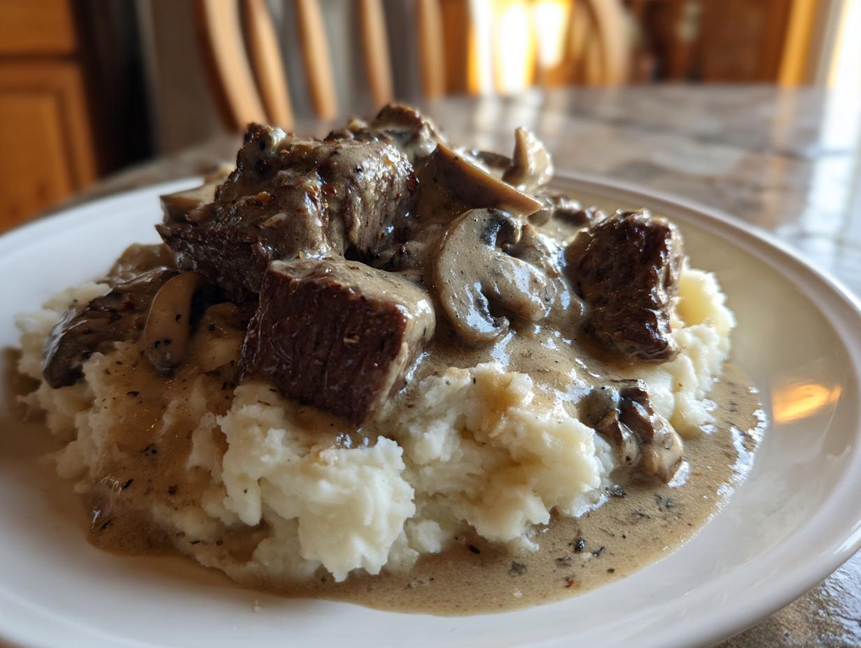 Ein Teller mit cremigem Kartoffelpüree, bedeckt mit saftigen Rinderstreifen und Champignonrahm.