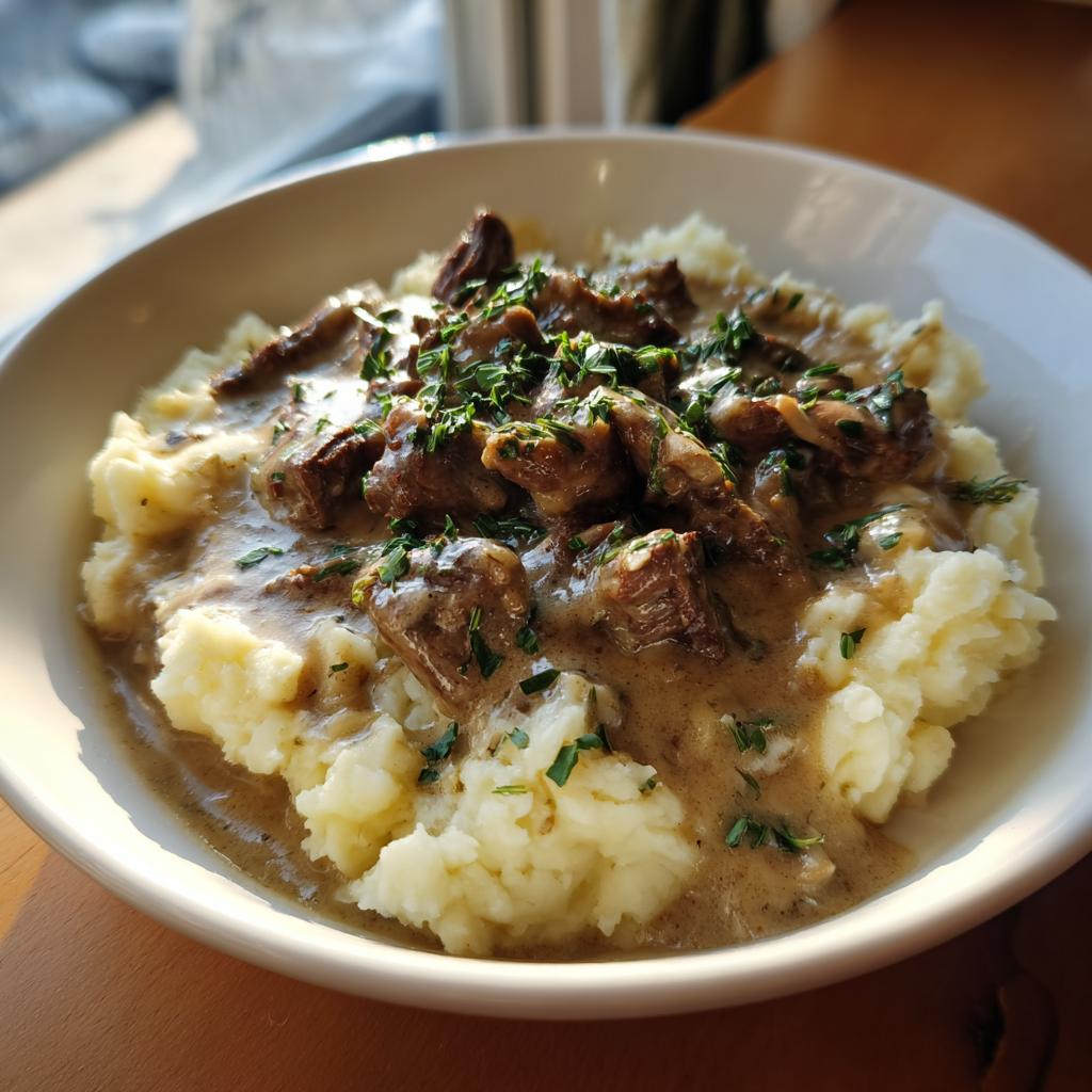 Cremiges Kartoffelpüree mit saftigen Rinderstreifen in Champignonrahm, garniert mit frischer Petersilie.