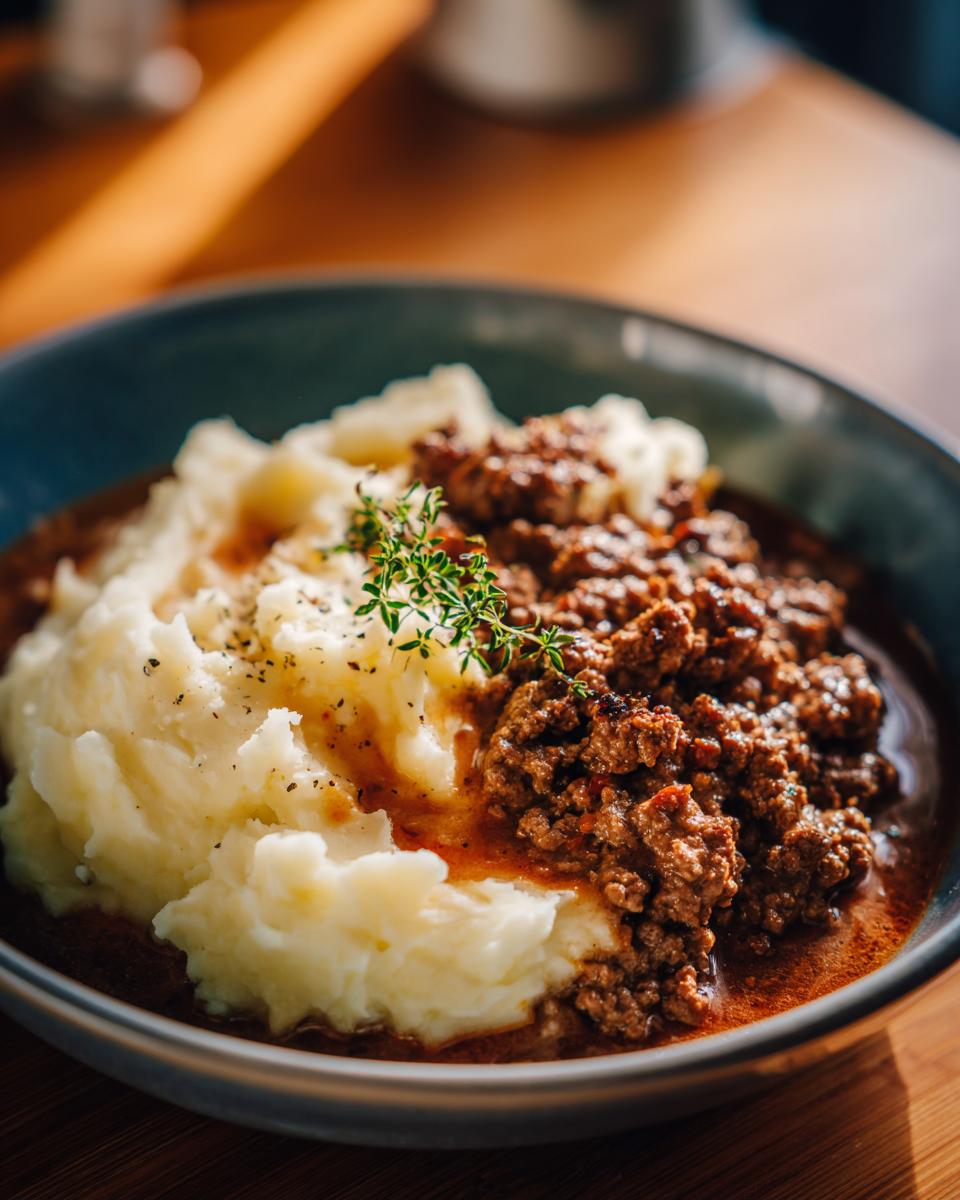 Cremiges Kartoffelpüree mit würzigem Rinderhack in Pfefferrahm, garniert mit frischem Thymian.