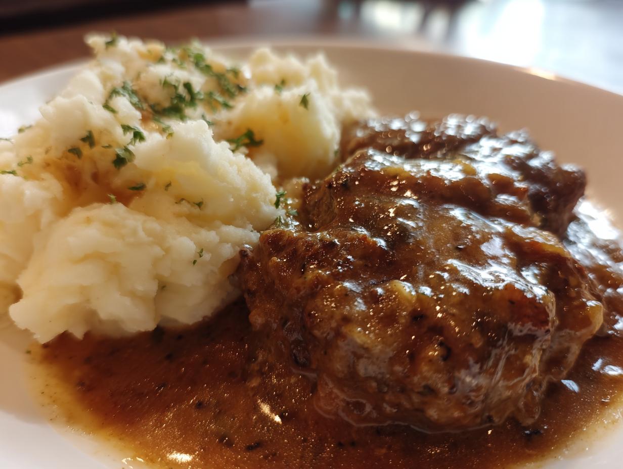 Teller mit cremigem Kartoffelpüree und Rinderhack in Pfefferrahm, bestreut mit Petersilie.