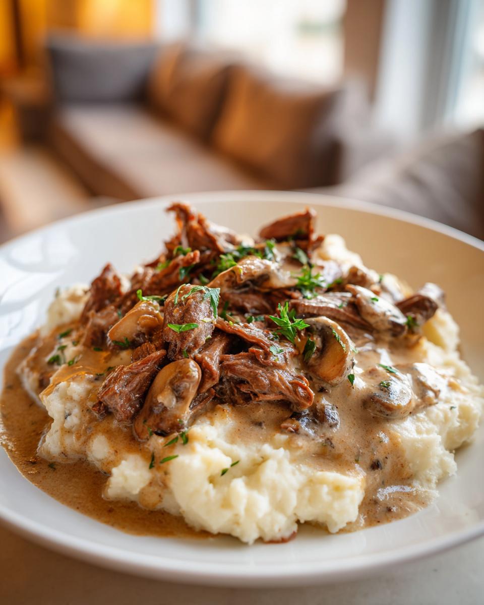 Ein Teller mit cremigem Kartoffelpüree, bedeckt mit saftigen Rinderstreifen und Pilzen in Champignonrahm.