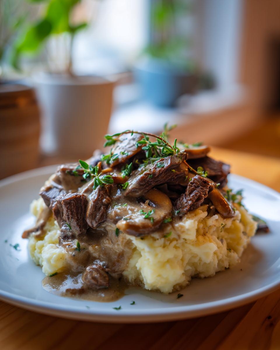 Ein Teller mit cremigem Kartoffelpüree, belegt mit saftigen Rinderstreifen und Pilzen in Champignonrahm.