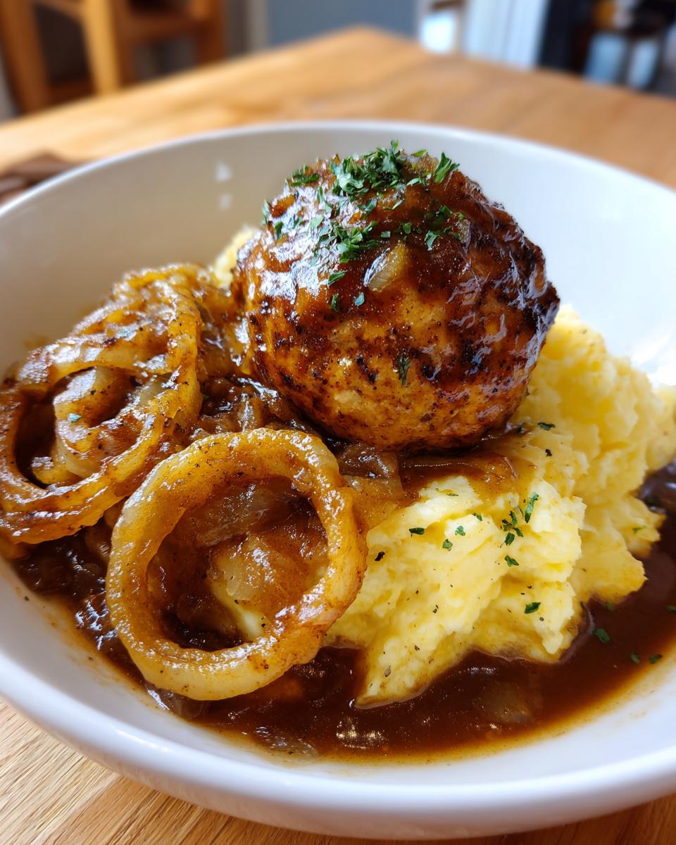 Ein Teller mit cremigem Kartoffelstampf, einer Frikadelle und karamellisierten Zwiebelringen in dunkler Sauce.