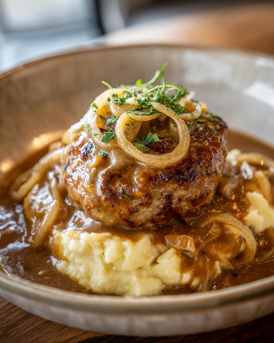 Ein appetitlicher Teller mit Kartoffelstampf mit Frikadellen in Zwiebelsauce, garniert mit Röstzwiebeln.