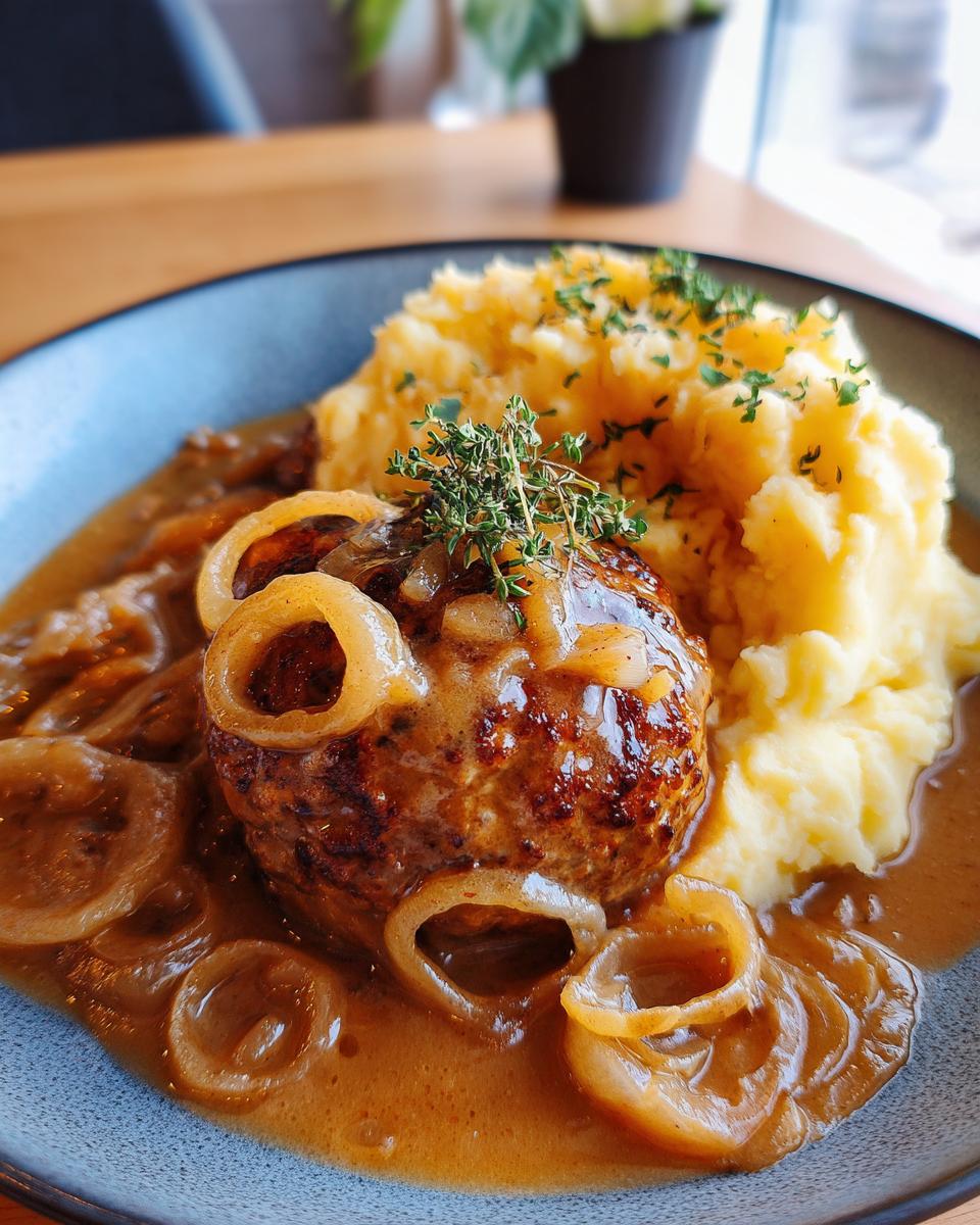 Ein Teller mit Kartoffelstampf mit Frikadellen in Zwiebelsauce, garniert mit frischen Kräutern.
