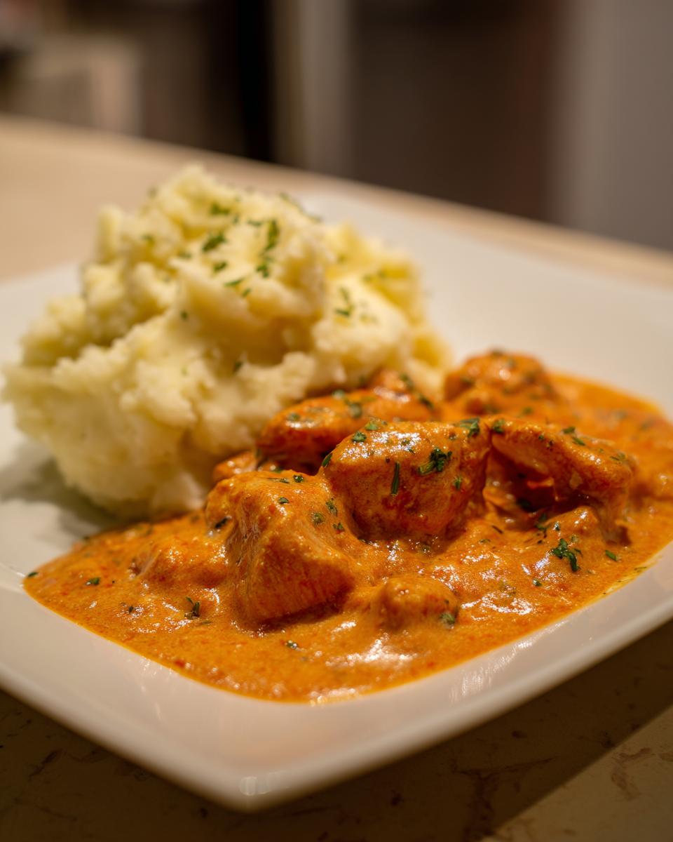Teller mit cremigem Kartoffelstampf und saftigen Hähnchenstücken in Paprikarahm.