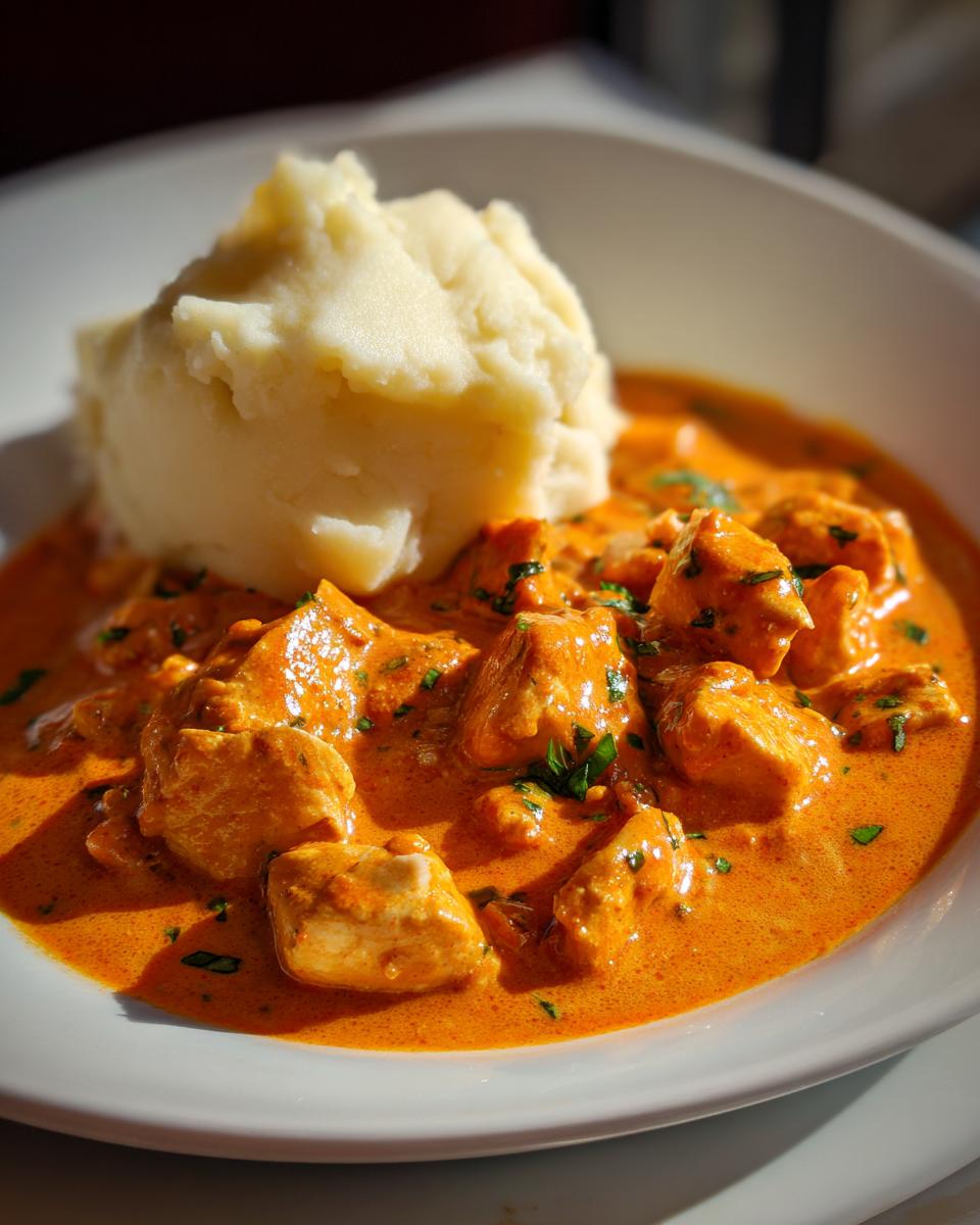 Ein Teller mit cremigem Kartoffelstampf und saftigen Hähnchenstücken in einer leuchtend orangefarbenen Paprikarahm-Sauce.