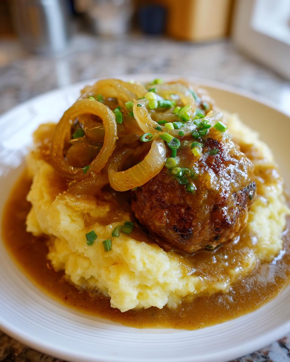 Nahaufnahme von cremigem Kartoffelstampf mit einer Frikadelle, bedeckt mit Zwiebelsauce und Röstzwiebeln.