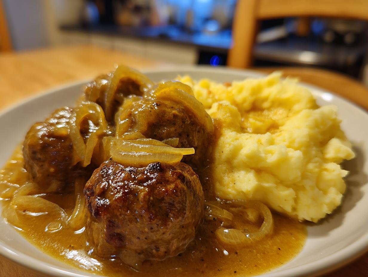 Teller mit cremigem Kartoffelstampf und saftigen Frikadellen in reichhaltiger Zwiebelsauce.