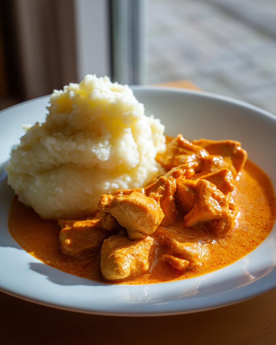 Ein Teller mit cremigem Kartoffelstampf und saftigen Hähnchenstücken in einer leuchtend orangefarbenen Paprikarahm-Sauce.