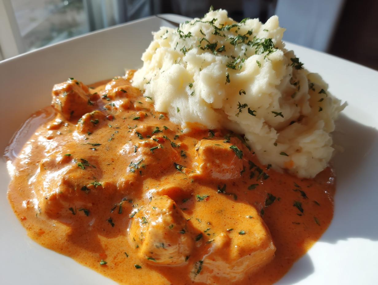 Ein Teller mit cremigem Kartoffelstampf mit Hähnchen in Paprikarahm, garniert mit Petersilie.