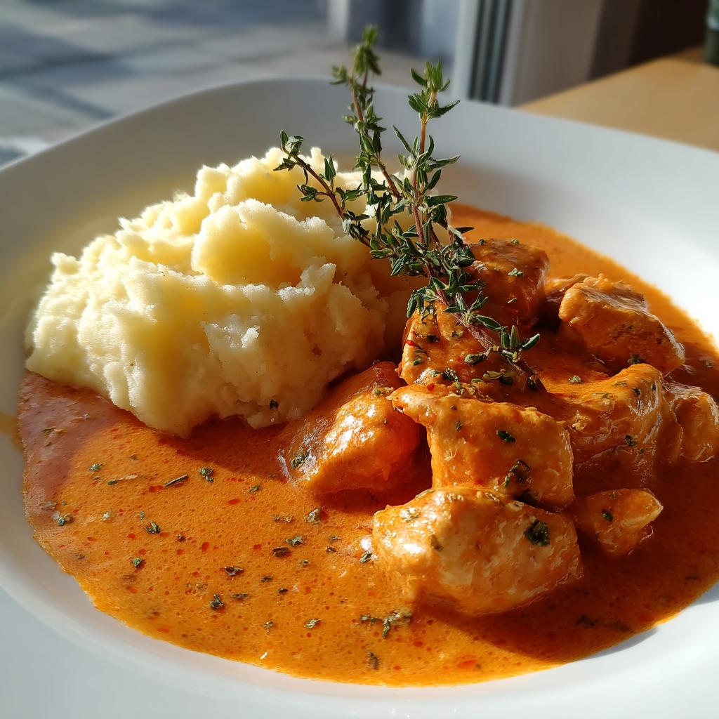 Ein Teller mit cremigem Kartoffelstampf und saftigen Hähnchenstücken in leuchtender Paprikarahm-Soße.