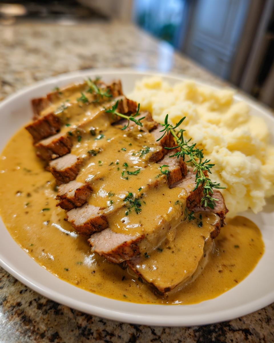Teller mit aufgeschnittenem Kasseler in cremiger Senfsauce und lockerem Kartoffelstampf.