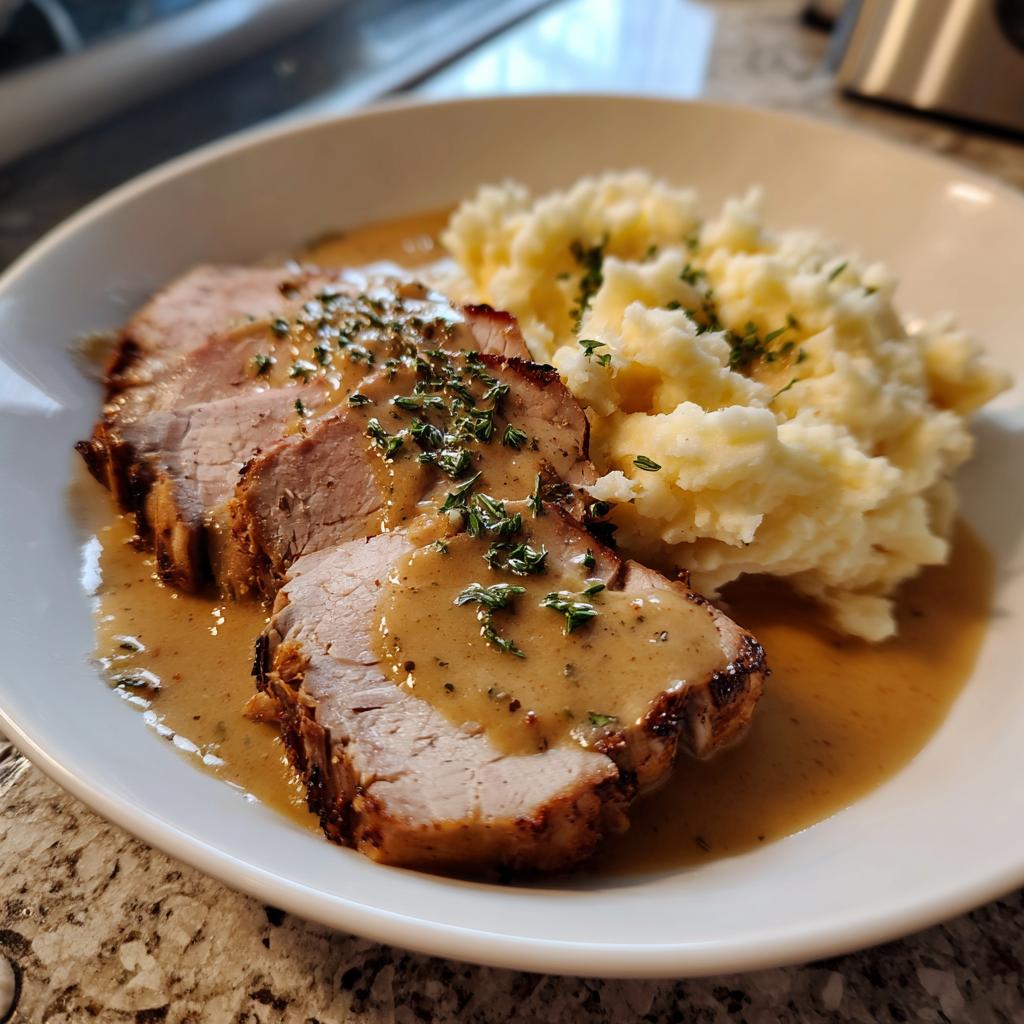 Drei Scheiben Kasseler in Senfsauce mit cremigem Kartoffelstampf, garniert mit frischen Kräutern.