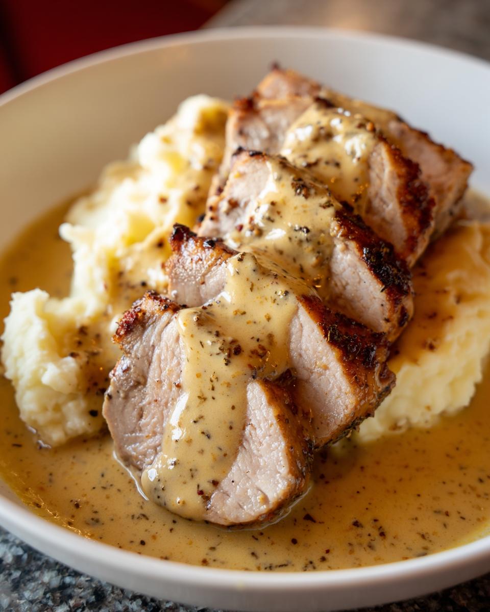 Drei Scheiben gebratenes Kasseler, übergossen mit cremiger Senfsauce, serviert auf Kartoffelstampf.