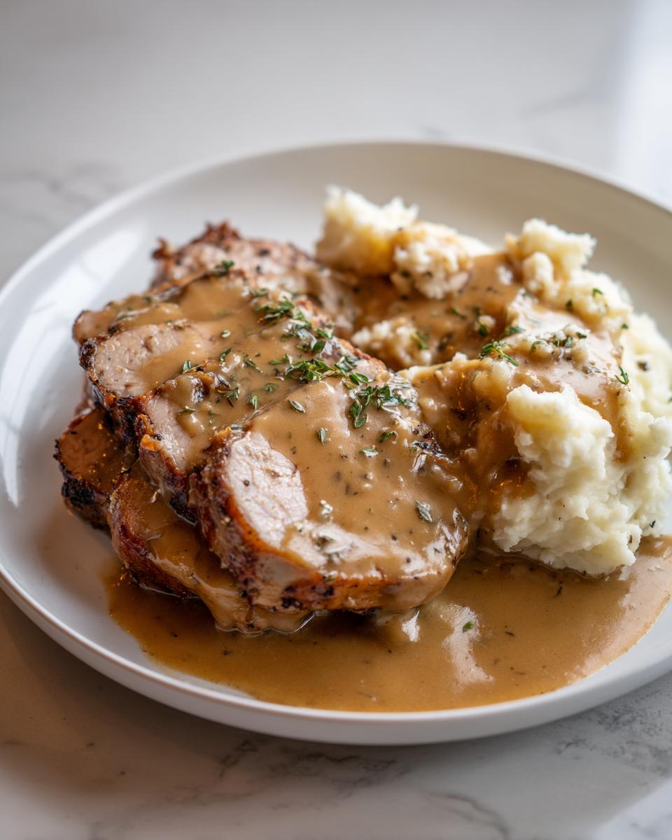 Drei Scheiben Kasseler in cremiger Senfsauce mit Kartoffelstampf, garniert mit Kräutern.