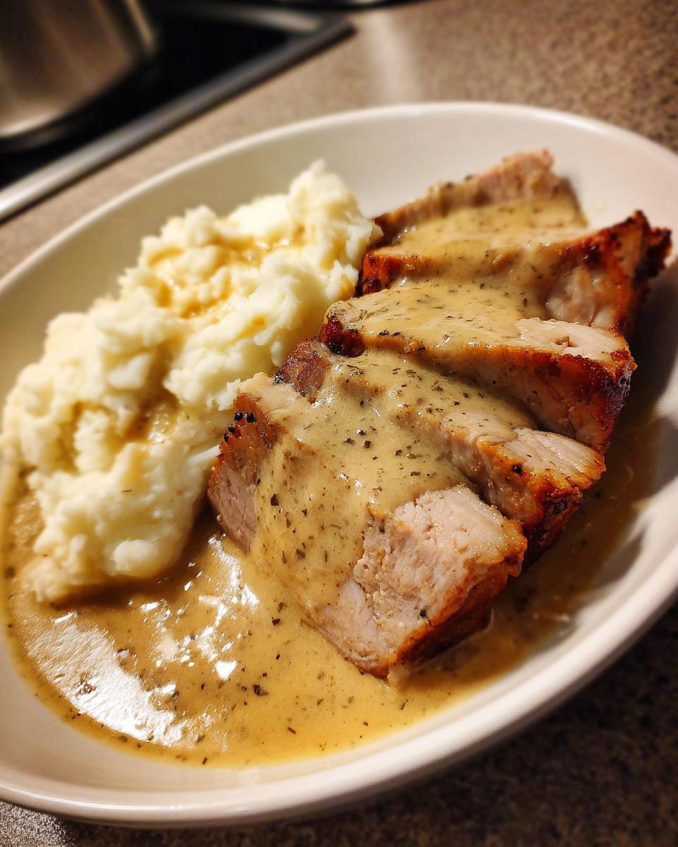Drei Scheiben saftiger Kasseler in cremiger Senfsauce mit einem Klecks Kartoffelstampf.