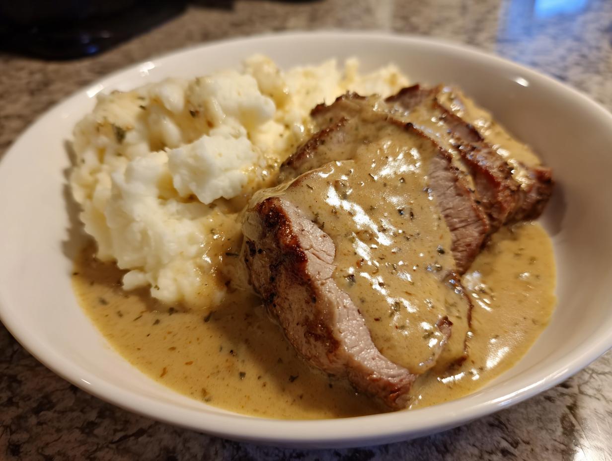 Drei Scheiben Kasseler in cremiger Senfsauce mit einer Portion Kartoffelstampf in einer weißen Schüssel.