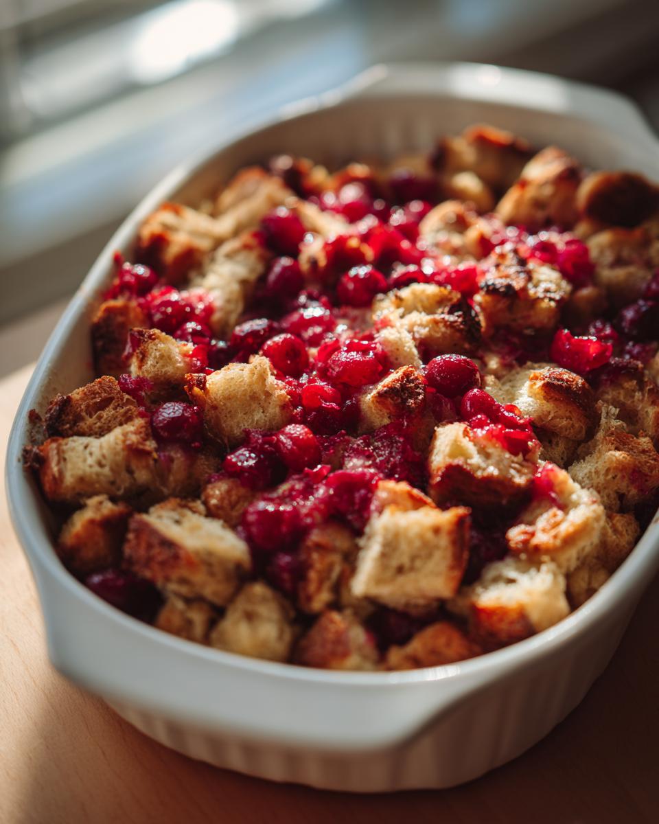 Nahaufnahme von frisch gebackenem Kirschmichel mit knusprigen Brotwürfeln und leuchtend roten Kirschen in einer weißen Auflaufform.