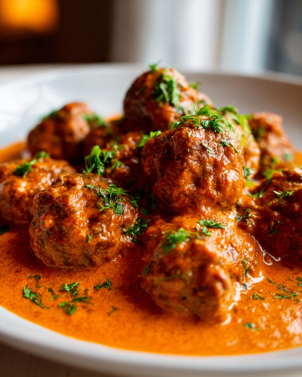 Nahaufnahme von saftigen Köfte in einer cremigen, leuchtend orangefarbenen Tomaten-Sahnesauce, bestreut mit frischen Kräutern.