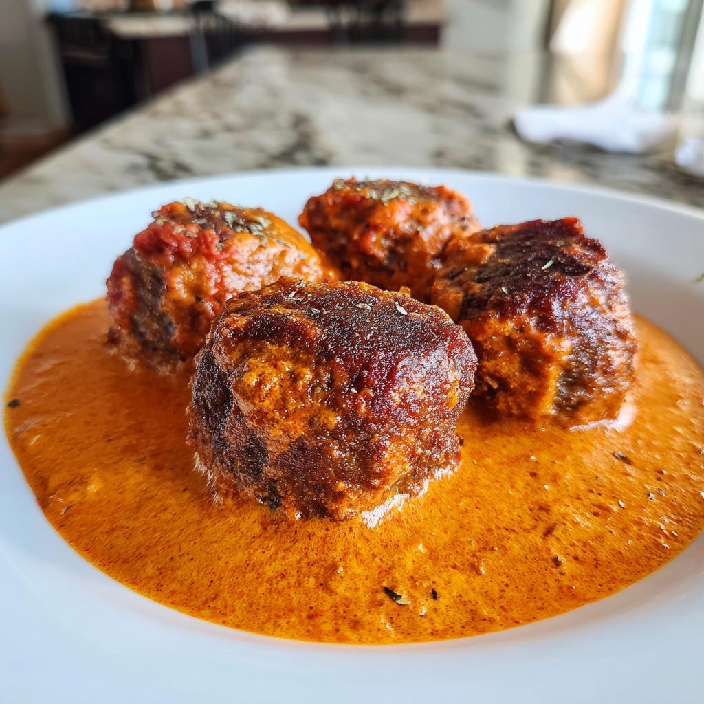 Nahaufnahme von vier saftigen Köfte, die in einer cremigen, orange-roten Tomaten-Sahnesauce liegen.