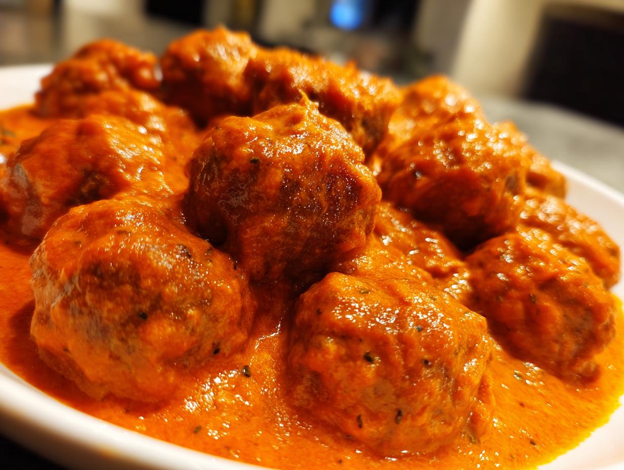 Nahaufnahme von saftigen Köfte, die in einer cremigen, leuchtend orangefarbenen Tomaten-Sahnesauce schwimmen.