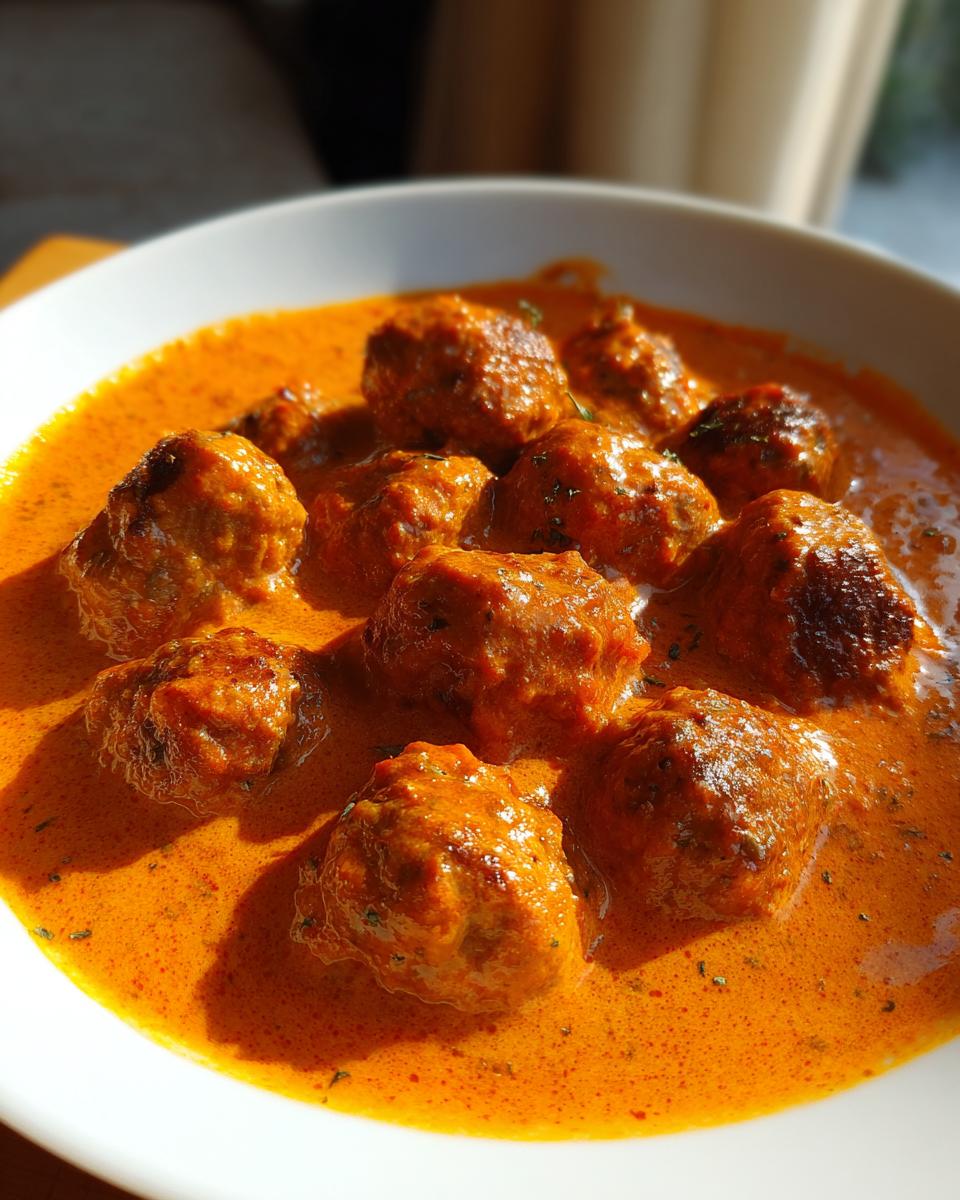 Nahaufnahme von saftigen Köfte in einer cremigen, leuchtend orangefarbenen Tomaten-Sahnesauce.