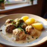 Teller mit saftigen Königsberger Klopse mit Kapernsauce und Salzkartoffeln, garniert mit frischem Dill.