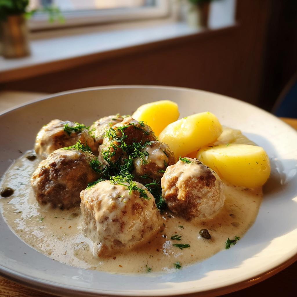 Teller mit saftigen Königsberger Klopse mit Kapernsauce und Salzkartoffeln, garniert mit frischem Dill.