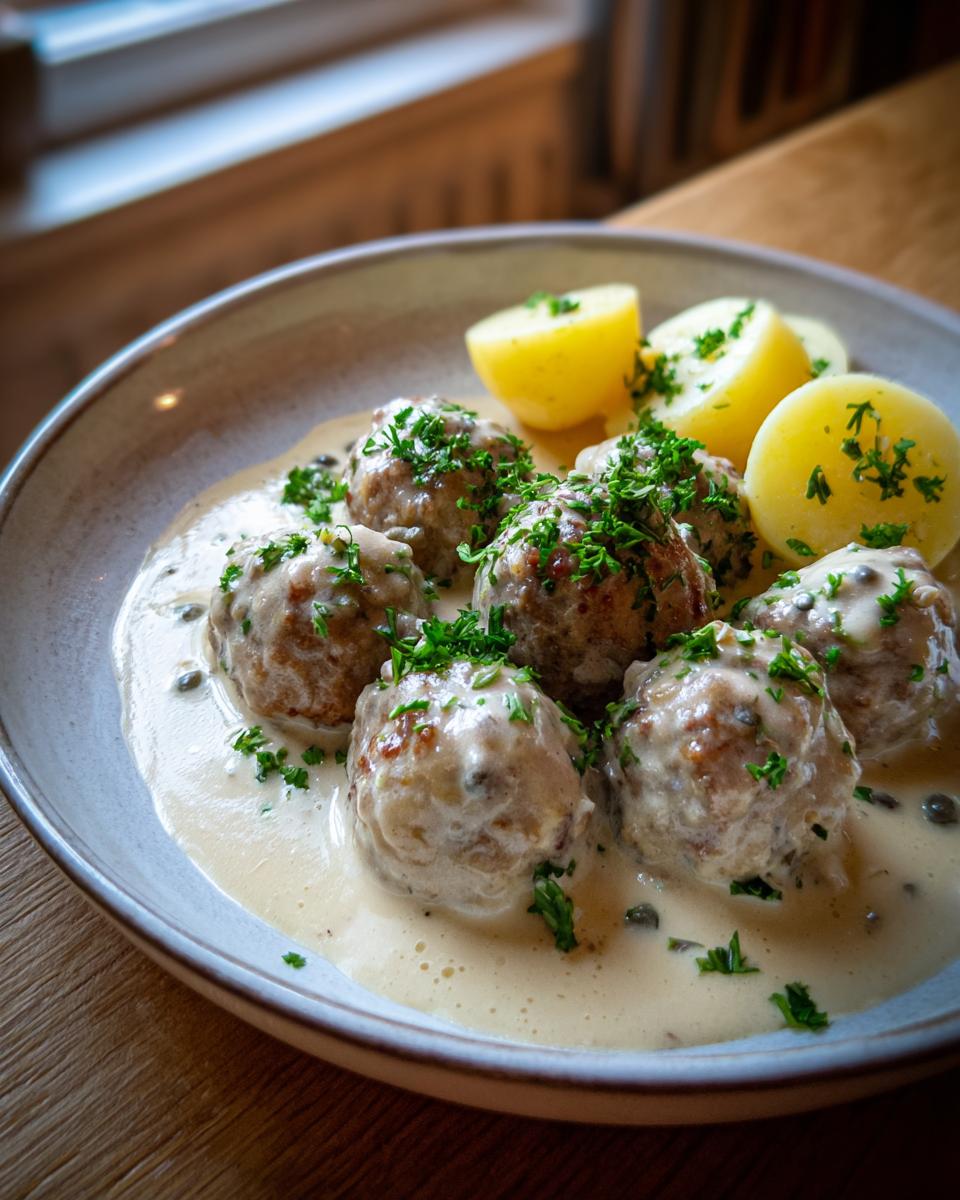 Teller mit saftigen Königsberger Klopse in cremiger Kapernsauce und Pellkartoffeln, garniert mit Petersilie.