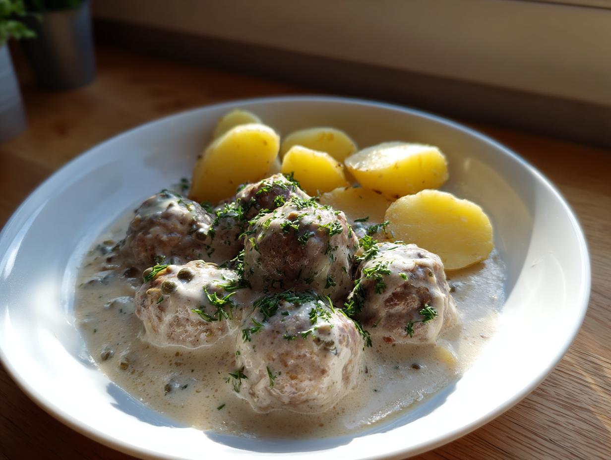 Teller mit saftigen Königsberger Klopse in cremiger Kapernsauce und Salzkartoffeln.