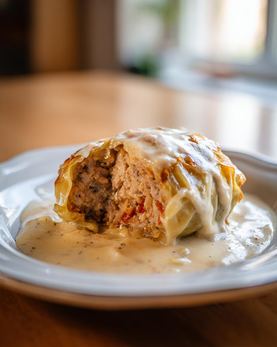 Ein angeschnittenes Kohlrouladen in Rahmsauce, das die saftige Füllung und die cremige Soße zeigt.