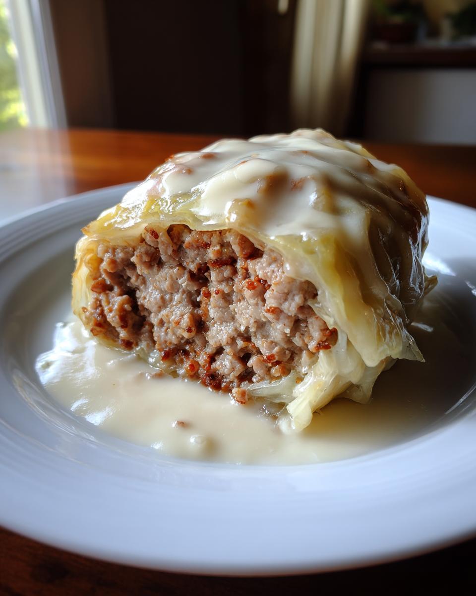 Nahaufnahme einer Kohlroulade in Rahmsauce, gefüllt mit Hackfleisch, auf einem weißen Teller.