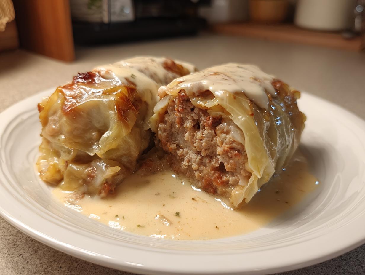 Zwei aufgeschnittene Kohlrouladen in Rahmsauce auf einem weißen Teller, das Innere ist gut sichtbar.