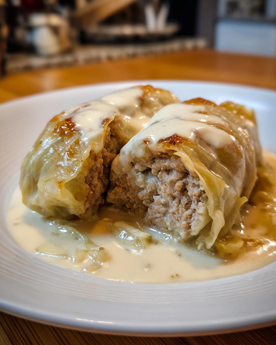 Zwei aufgeschnittene Kohlrouladen in cremiger Rahmsauce, die saftige Füllung ist sichtbar.