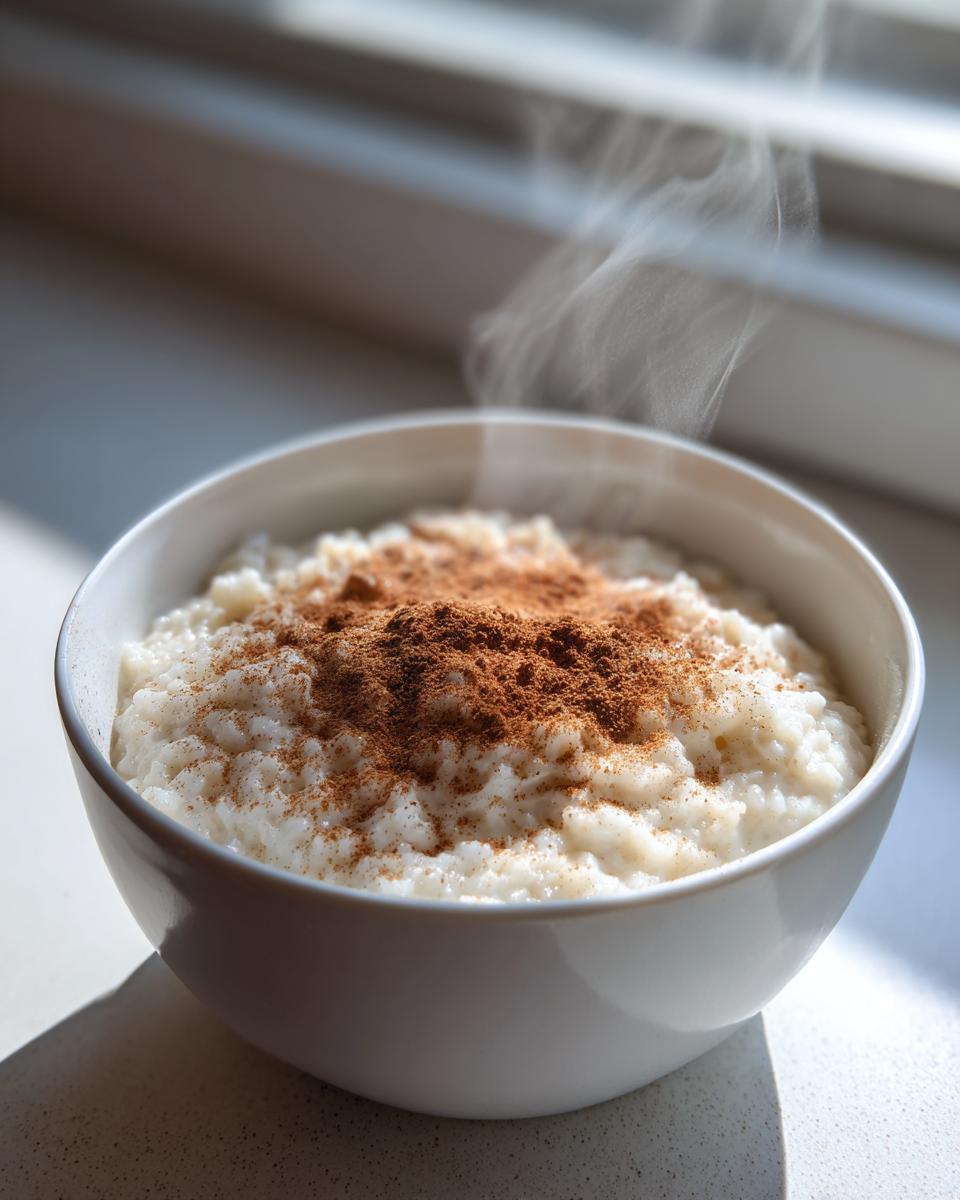 Eine weiße Schüssel mit dampfendem Milchreis, großzügig bestreut mit Zimt und Zucker.