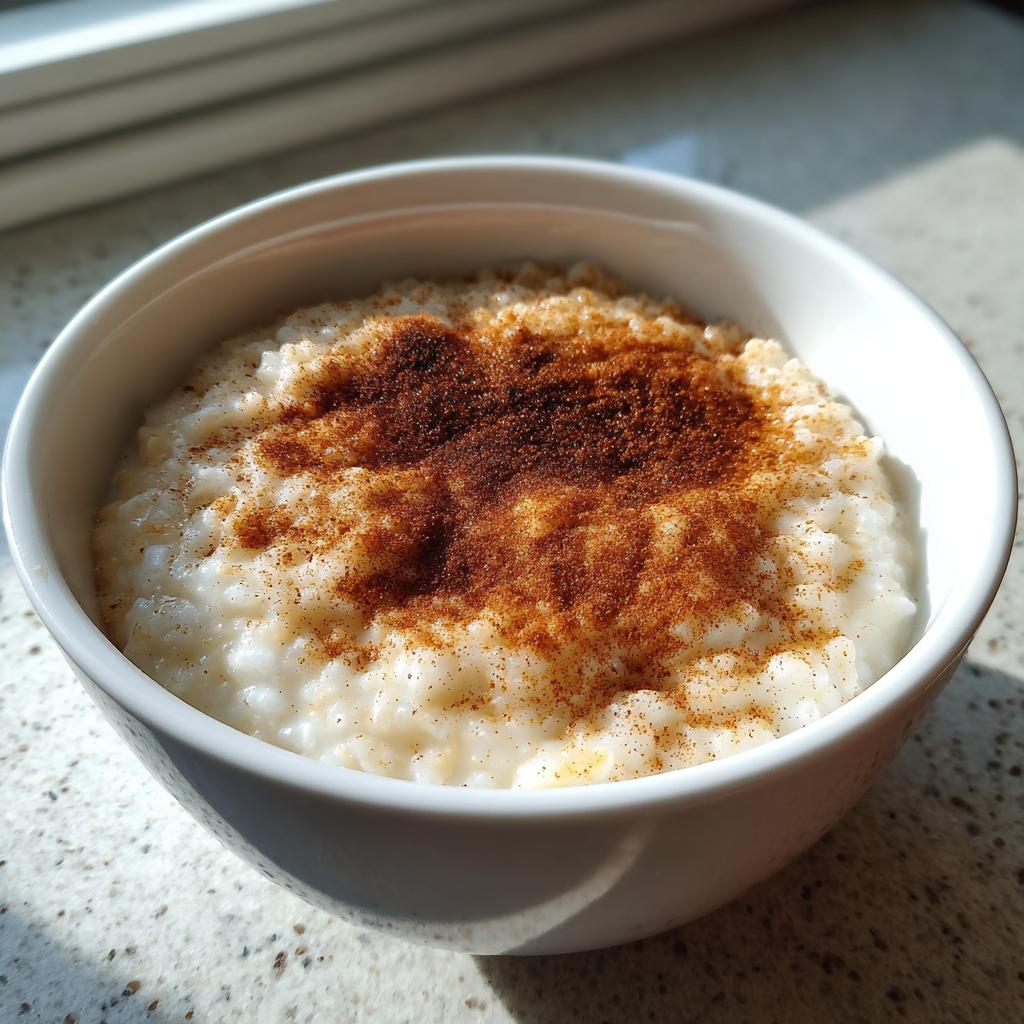 Eine Schale cremigen Milchreis mit Zimt und Zucker bestreut, im warmen Sonnenlicht.